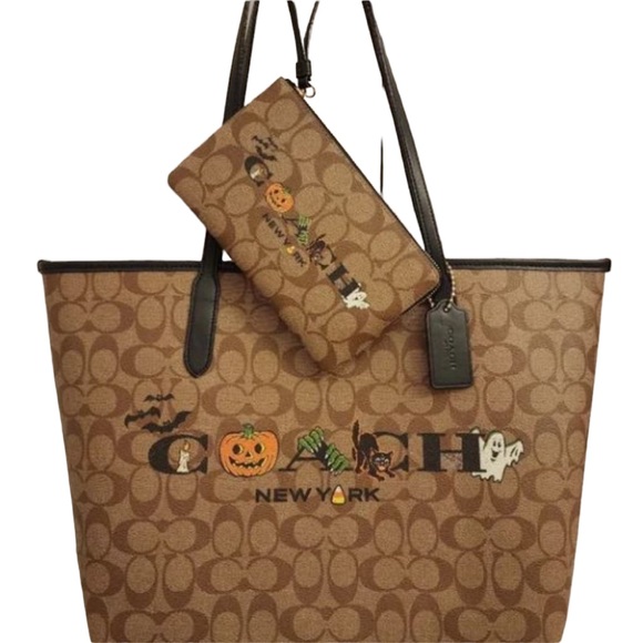 Coach Handbags - Coach City Tote & Large Corner Zip Wristlet In Signature Canvas With Halloween